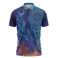 Fijian Tribal Manta Ray Zipper Polo Shirt Masi Motif with Coral Reef Ocean Vibe LT03 Blue - Polynesian Pride