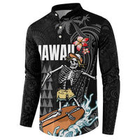 Hawaiian Halloween Skeleton Surfing Button Sweatshirt Polynesian Tribal Tattoo and Hawaiian Pattern