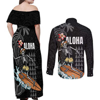 Hawaiian Halloween Skeleton Surfing Couples Matching Off Shoulder Maxi Dress and Long Sleeve Button Shirt Polynesian Tribal Tattoo and Hawaiian Pattern