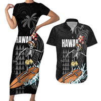 Hawaiian Halloween Skeleton Surfing Couples Matching Short Sleeve Bodycon Dress and Hawaiian Shirt Polynesian Tribal Tattoo and Hawaiian Pattern LT03 Black - Polynesian Pride