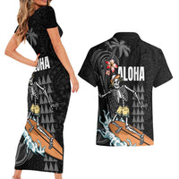 Hawaiian Halloween Skeleton Surfing Couples Matching Short Sleeve Bodycon Dress and Hawaiian Shirt Polynesian Tribal Tattoo and Hawaiian Pattern LT03 - Polynesian Pride