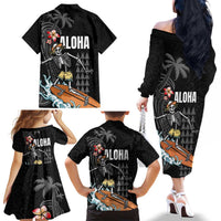 Hawaiian Halloween Skeleton Surfing Family Matching Off The Shoulder Long Sleeve Dress and Hawaiian Shirt Polynesian Tribal Tattoo and Hawaiian Pattern LT03 - Polynesian Pride