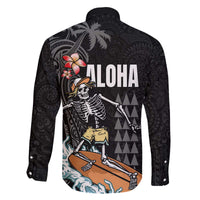 Hawaiian Halloween Skeleton Surfing Family Matching Off The Shoulder Long Sleeve Dress and Hawaiian Shirt Polynesian Tribal Tattoo and Hawaiian Pattern LT03 - Polynesian Pride