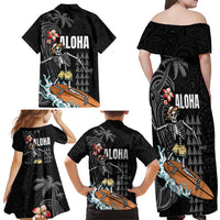 Hawaiian Halloween Skeleton Surfing Family Matching Off Shoulder Maxi Dress and Hawaiian Shirt Polynesian Tribal Tattoo and Hawaiian Pattern LT03 - Polynesian Pride