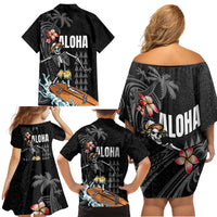 Hawaiian Halloween Skeleton Surfing Family Matching Off Shoulder Short Dress and Hawaiian Shirt Polynesian Tribal Tattoo and Hawaiian Pattern LT03 - Polynesian Pride