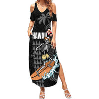 Hawaiian Halloween Skeleton Surfing Family Matching Summer Maxi Dress and Hawaiian Shirt Polynesian Tribal Tattoo and Hawaiian Pattern LT03 Mom's Dress Black - Polynesian Pride