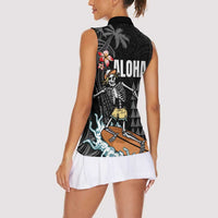 Hawaiian Halloween Skeleton Surfing Women Sleeveless Polo Shirt Polynesian Tribal Tattoo and Hawaiian Pattern