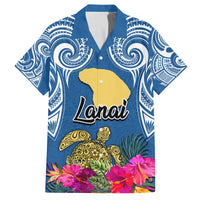 Custom Hawaii Lanai Island Family Matching Off Shoulder Long Sleeve Dress and Hawaiian Shirt Hibiscus Turle and Map with Polynesian Spiral LT03 Dad's Shirt - Short Sleeve Blue - Polynesian Pride