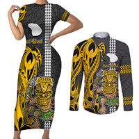 Hawaii Lanai Island Couples Matching Short Sleeve Bodycon Dress and Long Sleeve Button Shirts Hawaiian Warrior and Kakau Symbols Abstract Tattoo LT03 Yellow - Polynesian Pride