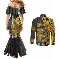 Custom Hawaii Lanai Island Couples Matching Mermaid Dress and Long Sleeve Button Shirts Hawaiian Warrior and Kakau Symbols Abstract Tattoo LT03 - Polynesian Pride