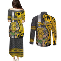 Custom Hawaii Lanai Island Couples Matching Puletasi Dress and Long Sleeve Button Shirts Hawaiian Warrior and Kakau Symbols Abstract Tattoo LT03 - Polynesian Pride