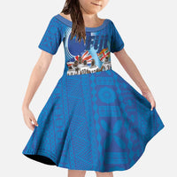 Fiji Rugby Sevens Family Matching Off The Shoulder Long Sleeve Dress and Hawaiian Shirt Commemorate Gold Medal - Rio de Janeiro 2016 LT03 Daughter's Dress Blue - Polynesian Pride