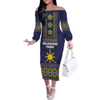 Philippines Merry Christmas Family Matching Off The Shoulder Long Sleeve Dress and Hawaiian Shirt Maligayang Pasko with Parol and Xmas Pattern Barong Style LT03 Mom's Dress Blue - Polynesian Pride