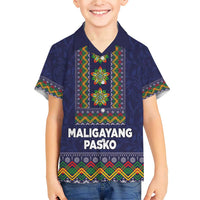 Philippines Merry Christmas Family Matching Short Sleeve Bodycon Dress and Hawaiian Shirt Maligayang Pasko with Parol and Xmas Pattern Barong Style LT03 Son's Shirt Blue - Polynesian Pride