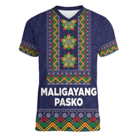 Philippines Merry Christmas Women V-Neck T-Shirt Maligayang Pasko with Parol and Xmas Pattern Barong Style