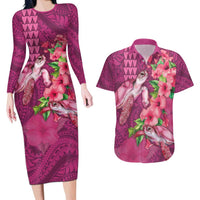 Hawaiian Turtle Love Couple Couples Matching Long Sleeve Bodycon Dress and Hawaiian Shirt - Sweet Hibiscus and Kakau Pattern Rose Color LT03 Pink - Polynesian Pride