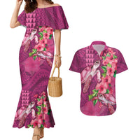 Hawaiian Turtle Love Couple Couples Matching Mermaid Dress and Hawaiian Shirt - Sweet Hibiscus and Kakau Pattern Rose Color LT03 Pink - Polynesian Pride