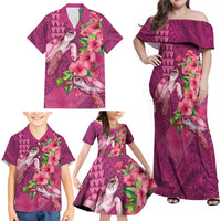 Hawaiian Turtle Love Couple Family Matching Off Shoulder Maxi Dress and Hawaiian Shirt - Sweet Hibiscus and Kakau Pattern Rose Color LT03 - Polynesian Pride