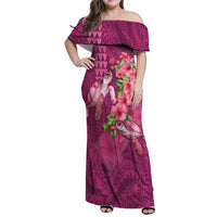 Hawaiian Turtle Love Couple Family Matching Off Shoulder Maxi Dress and Hawaiian Shirt - Sweet Hibiscus and Kakau Pattern Rose Color LT03 Mom's Dress Pink - Polynesian Pride