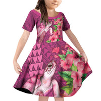 Hawaiian Turtle Love Couple Family Matching Off Shoulder Short Dress and Hawaiian Shirt - Sweet Hibiscus and Kakau Pattern Rose Color LT03 Daughter's Dress Pink - Polynesian Pride