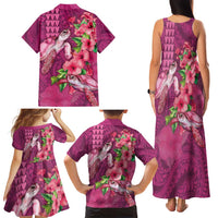 Hawaiian Turtle Love Couple Family Matching Tank Maxi Dress and Hawaiian Shirt - Sweet Hibiscus and Kakau Pattern Rose Color LT03 - Polynesian Pride