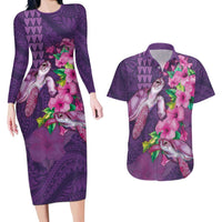 Hawaiian Turtle Love Couple Couples Matching Long Sleeve Bodycon Dress and Hawaiian Shirt - Sweet Hibiscus and Kakau Pattern Deep Purple Color LT03 Purple - Polynesian Pride