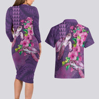 Hawaiian Turtle Love Couple Couples Matching Long Sleeve Bodycon Dress and Hawaiian Shirt - Sweet Hibiscus and Kakau Pattern Deep Purple Color LT03 - Polynesian Pride