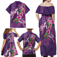 Hawaiian Turtle Love Couple Family Matching Off Shoulder Maxi Dress and Hawaiian Shirt - Sweet Hibiscus and Kakau Pattern Deep Purple Color LT03 - Polynesian Pride