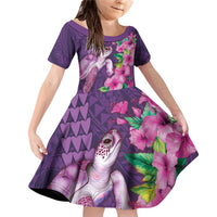 Hawaiian Turtle Love Couple Family Matching Off Shoulder Short Dress and Hawaiian Shirt - Sweet Hibiscus and Kakau Pattern Deep Purple Color LT03 Daughter's Dress Purple - Polynesian Pride