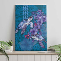 Hawaiian Turtle Love Couple Canvas Wall Art - Sweet Hibiscus and Kakau Pattern Sapphire Color