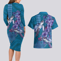 Hawaiian Turtle Love Couple Couples Matching Long Sleeve Bodycon Dress and Hawaiian Shirt - Sweet Hibiscus and Kakau Pattern Sapphire Color LT03 - Polynesian Pride