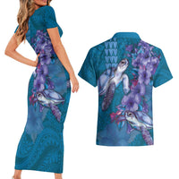 Hawaiian Turtle Love Couple Couples Matching Short Sleeve Bodycon Dress and Hawaiian Shirt - Sweet Hibiscus and Kakau Pattern Sapphire Color LT03 - Polynesian Pride
