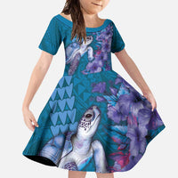 Hawaiian Turtle Love Couple Family Matching Long Sleeve Bodycon Dress and Hawaiian Shirt - Sweet Hibiscus and Kakau Pattern Sapphire Color LT03 Daughter's Dress Blue - Polynesian Pride