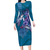 Hawaiian Turtle Love Couple Family Matching Long Sleeve Bodycon Dress and Hawaiian Shirt - Sweet Hibiscus and Kakau Pattern Sapphire Color LT03 Mom's Dress Blue - Polynesian Pride