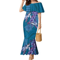 Hawaiian Turtle Love Couple Family Matching Mermaid Dress and Hawaiian Shirt - Sweet Hibiscus and Kakau Pattern Sapphire Color LT03 Mom's Dress Blue - Polynesian Pride