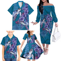 Hawaiian Turtle Love Couple Family Matching Off The Shoulder Long Sleeve Dress and Hawaiian Shirt - Sweet Hibiscus and Kakau Pattern Sapphire Color LT03 - Polynesian Pride