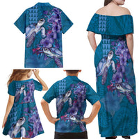 Hawaiian Turtle Love Couple Family Matching Off Shoulder Maxi Dress and Hawaiian Shirt - Sweet Hibiscus and Kakau Pattern Sapphire Color LT03 - Polynesian Pride