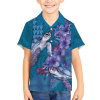 Hawaiian Turtle Love Couple Family Matching Off Shoulder Maxi Dress and Hawaiian Shirt - Sweet Hibiscus and Kakau Pattern Sapphire Color LT03 Son's Shirt Blue - Polynesian Pride