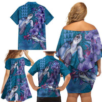 Hawaiian Turtle Love Couple Family Matching Off Shoulder Short Dress and Hawaiian Shirt - Sweet Hibiscus and Kakau Pattern Sapphire Color LT03 - Polynesian Pride