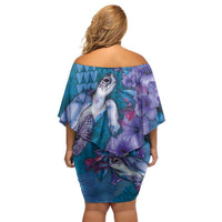 Hawaiian Turtle Love Couple Family Matching Off Shoulder Short Dress and Hawaiian Shirt - Sweet Hibiscus and Kakau Pattern Sapphire Color LT03 - Polynesian Pride