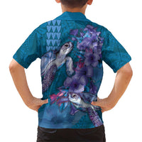 Hawaiian Turtle Love Couple Family Matching Short Sleeve Bodycon Dress and Hawaiian Shirt - Sweet Hibiscus and Kakau Pattern Sapphire Color