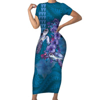 Hawaiian Turtle Love Couple Family Matching Short Sleeve Bodycon Dress and Hawaiian Shirt - Sweet Hibiscus and Kakau Pattern Sapphire Color