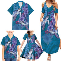 Hawaiian Turtle Love Couple Family Matching Summer Maxi Dress and Hawaiian Shirt - Sweet Hibiscus and Kakau Pattern Sapphire Color LT03 - Polynesian Pride