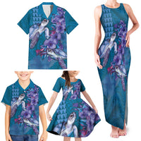 Hawaiian Turtle Love Couple Family Matching Tank Maxi Dress and Hawaiian Shirt - Sweet Hibiscus and Kakau Pattern Sapphire Color LT03 - Polynesian Pride