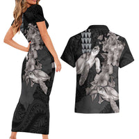Hawaiian Turtle Love Couple Couples Matching Short Sleeve Bodycon Dress and Hawaiian Shirt - Sweet Hibiscus and Kakau Pattern Grayscale Color LT03 - Polynesian Pride