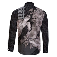 Hawaiian Turtle Love Couple Family Matching Off The Shoulder Long Sleeve Dress and Hawaiian Shirt - Sweet Hibiscus and Kakau Pattern Grayscale Color LT03 - Polynesian Pride