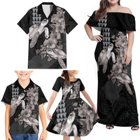 Hawaiian Turtle Love Couple Family Matching Off Shoulder Maxi Dress and Hawaiian Shirt - Sweet Hibiscus and Kakau Pattern Grayscale Color LT03 - Polynesian Pride