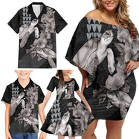 Hawaiian Turtle Love Couple Family Matching Off Shoulder Short Dress and Hawaiian Shirt - Sweet Hibiscus and Kakau Pattern Grayscale Color LT03 - Polynesian Pride