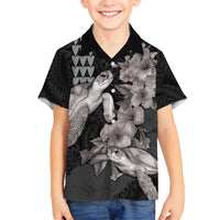 Hawaiian Turtle Love Couple Family Matching Off Shoulder Short Dress and Hawaiian Shirt - Sweet Hibiscus and Kakau Pattern Grayscale Color LT03 Son's Shirt Black - Polynesian Pride
