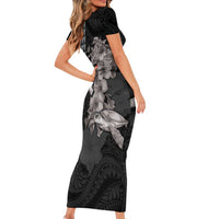 Hawaiian Turtle Love Couple Family Matching Short Sleeve Bodycon Dress and Hawaiian Shirt - Sweet Hibiscus and Kakau Pattern Grayscale Color
